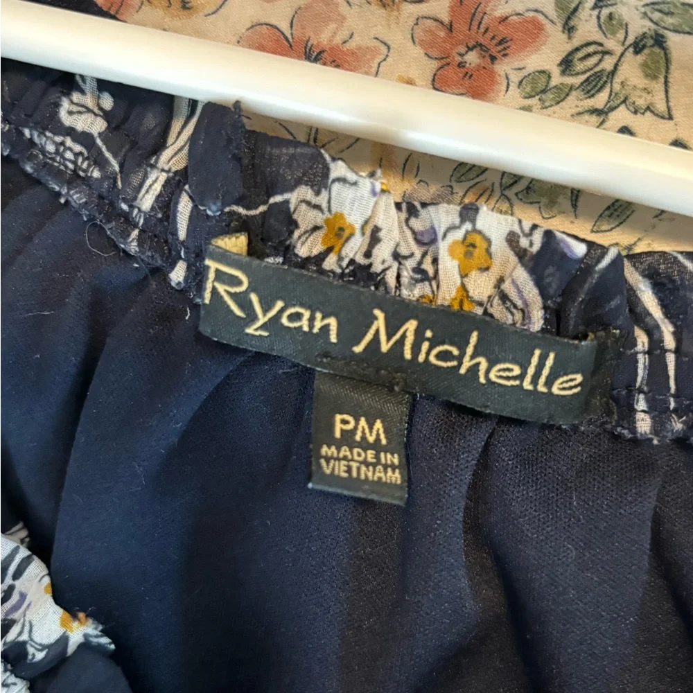 Navy floral dress w/ sheer sleeves,worn on shoulders, smocked waist w/tie - Picture 3 of 3